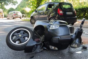 Motor scooter involved in a road accident.