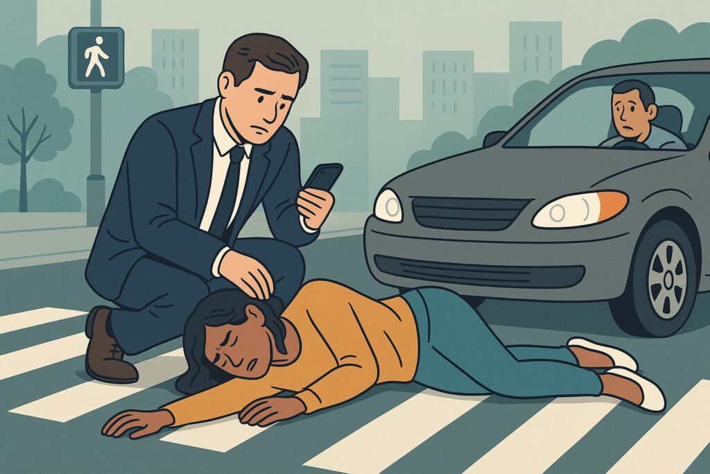 A woman lies injured in a crosswalk while a concerned lawyer kneels beside her and a shocked driver remains in the car nearby in a city setting.