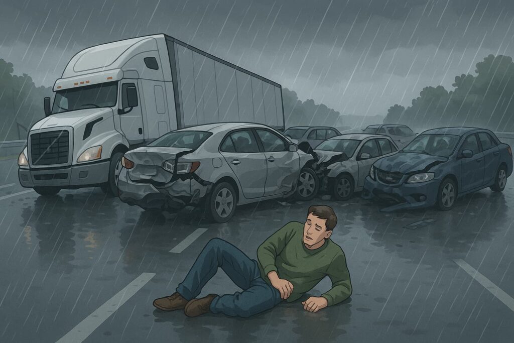 Semi-realistic illustration of a rainy highway pile-up with damaged cars and a truck; an injured man is sitting up on the road, visibly in pain but alert.