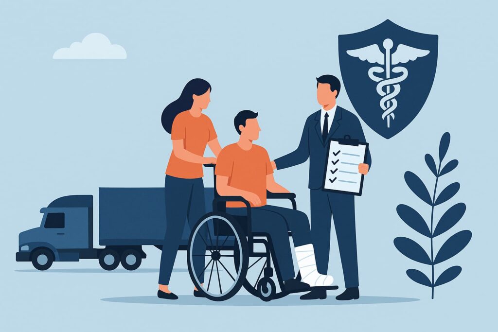 Illustration of a disabled man in a wheelchair with a leg cast, assisted by a woman and speaking to a lawyer, with a semi-truck and medical symbol in background.
