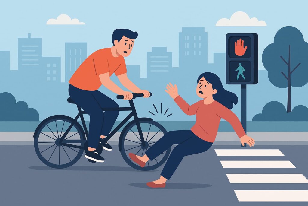 Illustration of a pedestrian being hit by a cyclist at a crosswalk in a city setting, emphasizing fault and injury in bicycle-pedestrian accidents.
