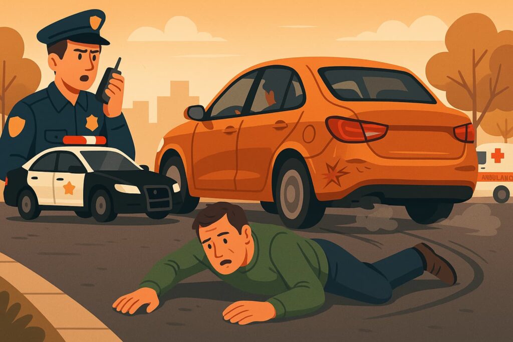 Illustration of a hit-and-run accident scene with an injured man on the road, fleeing orange car, police officer, and arriving ambulance.