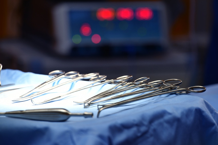 surgical equipment on a tray in operating room